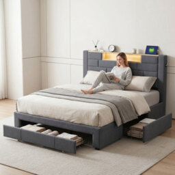 Bed 150 X 200 Cm With Led Headboard/3 Drawers/usb Port, King Size Bed Frame, Slatted Base, Functional Bed With Storage,velvet Grey - thumbnail 1