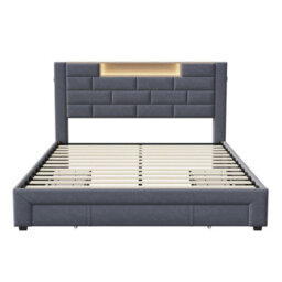 Bed 150 X 200 Cm With Led Headboard/3 Drawers/usb Port, King Size Bed Frame, Slatted Base, Functional Bed With Storage,velvet Grey - thumbnail 8