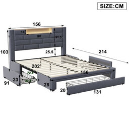 Bed 150 X 200 Cm With Led Headboard/3 Drawers/usb Port, King Size Bed Frame, Slatted Base, Functional Bed With Storage,velvet Grey - thumbnail 9