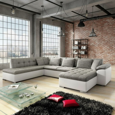 Niko Bis Fold Out U Shape Corner Sofa Chipboard Frame With Storage Bed 350X205X76 Cm Melange Grey And White Right - image 1