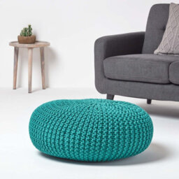 Homescapes Teal Green Large Round Cotton Knitted Pouffe Footstool - thumbnail 2