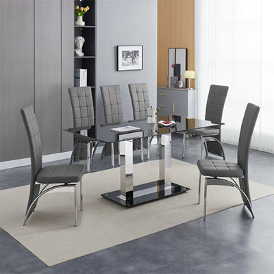 Furniture In Fashion Jet Large Black Glass Dining Table With 6 Ravenna Grey Chairs - image 1