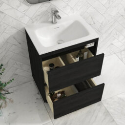 Royal Bathrooms Orion 600mm Floor Standing Bathroom Vanity Unit 2 Drawer Hale Black With Matt Stone Basin & Chrome Accent Trim - thumbnail 5