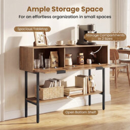 Costway Rattan Console Table Boho Entryway Table With Flip Doors & Open Storage Shelf-Natural - thumbnail 8
