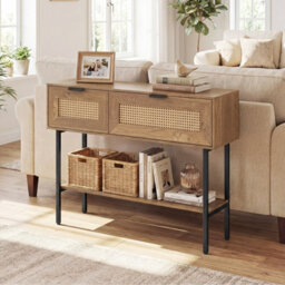 Costway Rattan Console Table Boho Entryway Table With Flip Doors & Open Storage Shelf-Natural - thumbnail 5