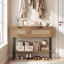 Costway Rattan Console Table Boho Entryway Table With Flip Doors & Open Storage Shelf-Natural - thumbnail 4