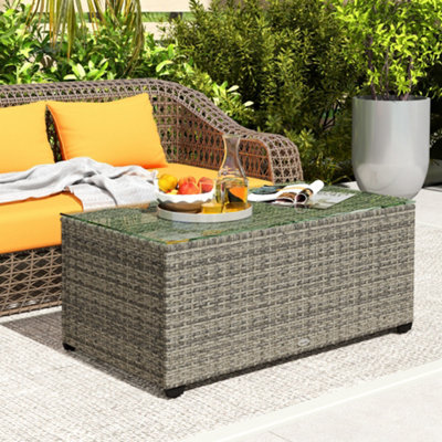 Outsunny Outdoor Coffee Table, Glass Top Rattan Side Table, Dark Grey - image 1