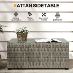 Outsunny Outdoor Coffee Table, Glass Top Rattan Side Table, Dark Grey - thumbnail 4