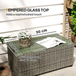 Outsunny Outdoor Coffee Table, Glass Top Rattan Side Table, Dark Grey - thumbnail 5