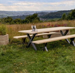 Timber Foundry Wooden Garden Dining Set, Steel X Legs, 10-12 Seater Table Only