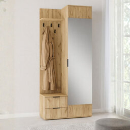 Coral Hallway Wardrobe Compact Entrance Storage With Coat Hooks Cabinet And Mirror Durable Laminated Board Golden Oak