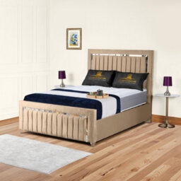 UKBEDFURNITURE Chrome Edge Beige Plush Valvet Upholstered Bed Frame Only - Slatted Base - 48 Inch Headboard