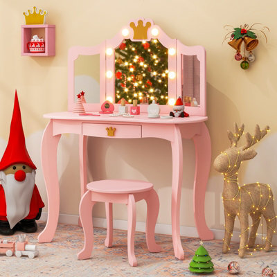 Costway Kids Vanity Set Princess Vanity Table & Chair Set W/ Lighted Mirror-Pink - image 1