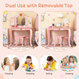 Costway Kids Vanity Set Princess Vanity Table & Chair Set W/ Lighted Mirror-Pink - thumbnail 8
