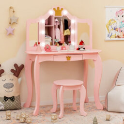 Costway Kids Vanity Set Princess Vanity Table & Chair Set W/ Lighted Mirror-Pink - thumbnail 4