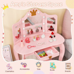 Costway Kids Vanity Set Princess Vanity Table & Chair Set W/ Lighted Mirror-Pink - thumbnail 7