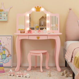 Costway Kids Vanity Set Princess Vanity Table & Chair Set W/ Lighted Mirror-Pink - thumbnail 5