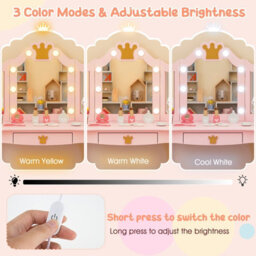 Costway Kids Vanity Set Princess Vanity Table & Chair Set W/ Lighted Mirror-Pink - thumbnail 6