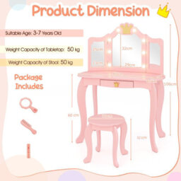 Costway Kids Vanity Set Princess Vanity Table & Chair Set W/ Lighted Mirror-Pink - thumbnail 3