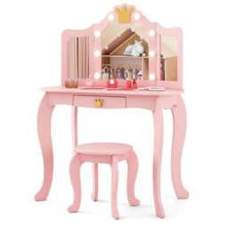 Costway Kids Vanity Set Princess Vanity Table & Chair Set W/ Lighted Mirror-Pink - thumbnail 2