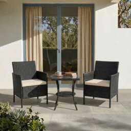 Living And Home 3-Piece Pe Rattan Garden Furniture Bistro Set, 2 Seat Rattan Garden Table & Chair, Black - thumbnail 2