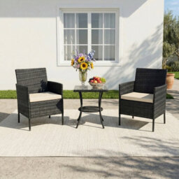 Living And Home 3-Piece Pe Rattan Garden Furniture Bistro Set, 2 Seat Rattan Garden Table & Chair, Black
