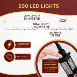 Festive Fix 20M Christmas Lights Indoor Outdoor 200 Led Cold White Fairy Lights Waterproof Mains Powered Timer 8 Modes For Xmas Decor - thumbnail 7