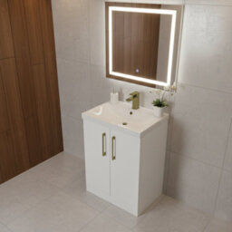 Balterley Bramshall Modern Bathroom Floor Standing 2 Soft Close Door & Mid-Edge Vanity Unit Basin, Gloss White, 610mm - thumbnail 4