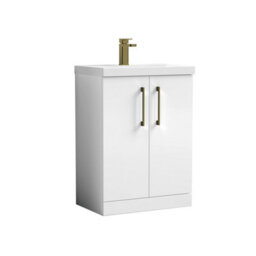 Balterley Bramshall Modern Bathroom Floor Standing 2 Soft Close Door & Mid-Edge Vanity Unit Basin, Gloss White, 610mm - thumbnail 1