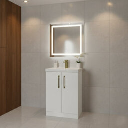 Balterley Bramshall Modern Bathroom Floor Standing 2 Soft Close Door & Mid-Edge Vanity Unit Basin, Gloss White, 610mm - thumbnail 2