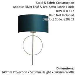 Antique Silver Leaf Wall Light & Teal Satin Half Shade Dimmable Filament Lamp - thumbnail 2