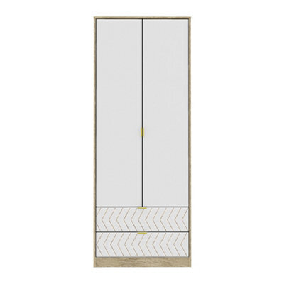 Ready Assembled Contemporary White & Oak 2 Drawer Double Wardrobe (H)1970mm (W)740mm (D)530mm - image 1