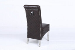 Modernique A Pair Brown Leather Aire High Tuffted Knocker & Stud High Back Dining Chairs With Solid Chrome Legs