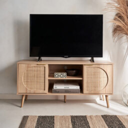 Sweeek - 120Cm Tv Unit Woodenn Effect Rounded Cane Rattan 2 Doors Eva Natural 120X39X56.5 Cm