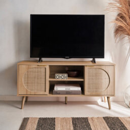 Sweeek - 120Cm Tv Unit Woodenn Effect Rounded Cane Rattan 2 Doors Eva Natural 120X39X56.5 Cm - thumbnail 5