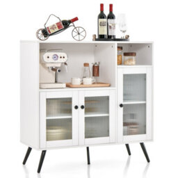 Costway Kitchen Side Cabinet Wooden Buffet Sideboard Cupboard W/ Tempered Glass Doors