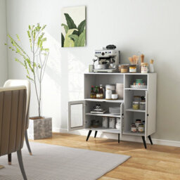 Costway Kitchen Side Cabinet Wooden Buffet Sideboard Cupboard W/ Tempered Glass Doors - thumbnail 5