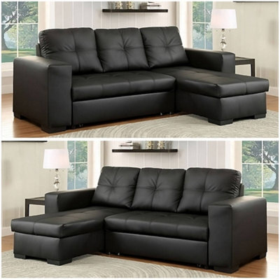 SquareBoxx Milano 3 Seater L Shape Pullout Sofa Bed With Deep Storage Compartment & Reversible Chaise - Black - image 1