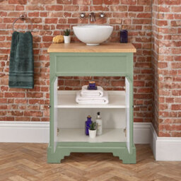 Homestylestore Pastel Green And Oak 645mm Bathroom Vanity Unit With Round Countertop Basin And Round Aged Bronze Handles - thumbnail 3