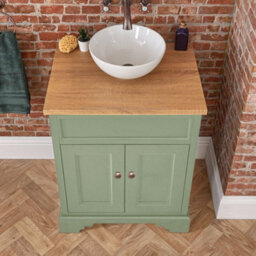 Homestylestore Pastel Green And Oak 645mm Bathroom Vanity Unit With Round Countertop Basin And Round Aged Bronze Handles - thumbnail 2