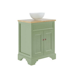 Homestylestore Pastel Green And Oak 645mm Bathroom Vanity Unit With Round Countertop Basin And Round Aged Bronze Handles - thumbnail 1