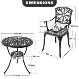 Avestar 3-Piece Outdoor Bistro Set, Cast Aluminium Garden Bistro Set With Round Table And Armchairs, Black With Gold-Painted Edge - thumbnail 3