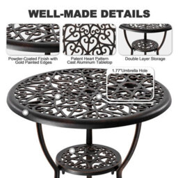 Avestar 3-Piece Outdoor Bistro Set, Cast Aluminium Garden Bistro Set With Round Table And Armchairs, Black With Gold-Painted Edge - thumbnail 6