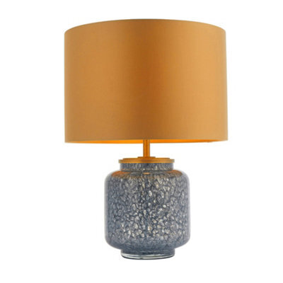 Cobalt Glass Base Table Lamp Light & Gold Fabric Shade - Antique Brass Metalwork - image 1