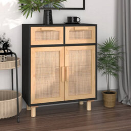 Vidaxl Sideboard Black 60X30X75 Cm Solid Wood Pine And Natural Rattan