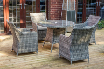 Sh&g Tintagel 4 Seat Dining Table Set - 5 Piece Round Table & Chairs - Aluminium & Grey Rattan With Light Grey Cushions - Outdoor - image 1