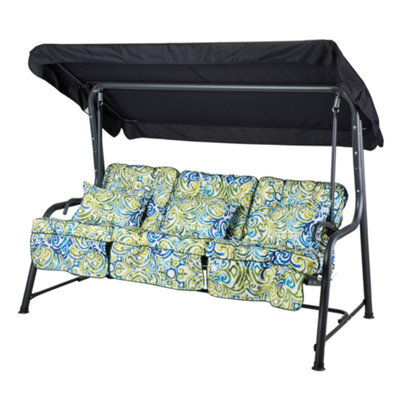 Alfresia Turin 3-Seater Reclining Swing Seat Charcoal Frame With Classic Blue Green Multi Cushion