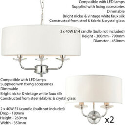 3 Bulb Ceiling Pendant Lamp & 2X Matching Twin Wall Light Modern Bright Nickel - thumbnail 2