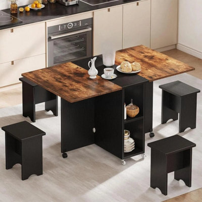 5 Folding Dining Set With Storage Rolling Kitchen Drop Leaf Table With 4 Stools - image 1