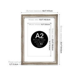 A2 Silver Ornate Picture Frame (59.4 X 42Cm) With Mount For A3 Poster, Photo, Artwork, Gallery Wall Or Print - thumbnail 2